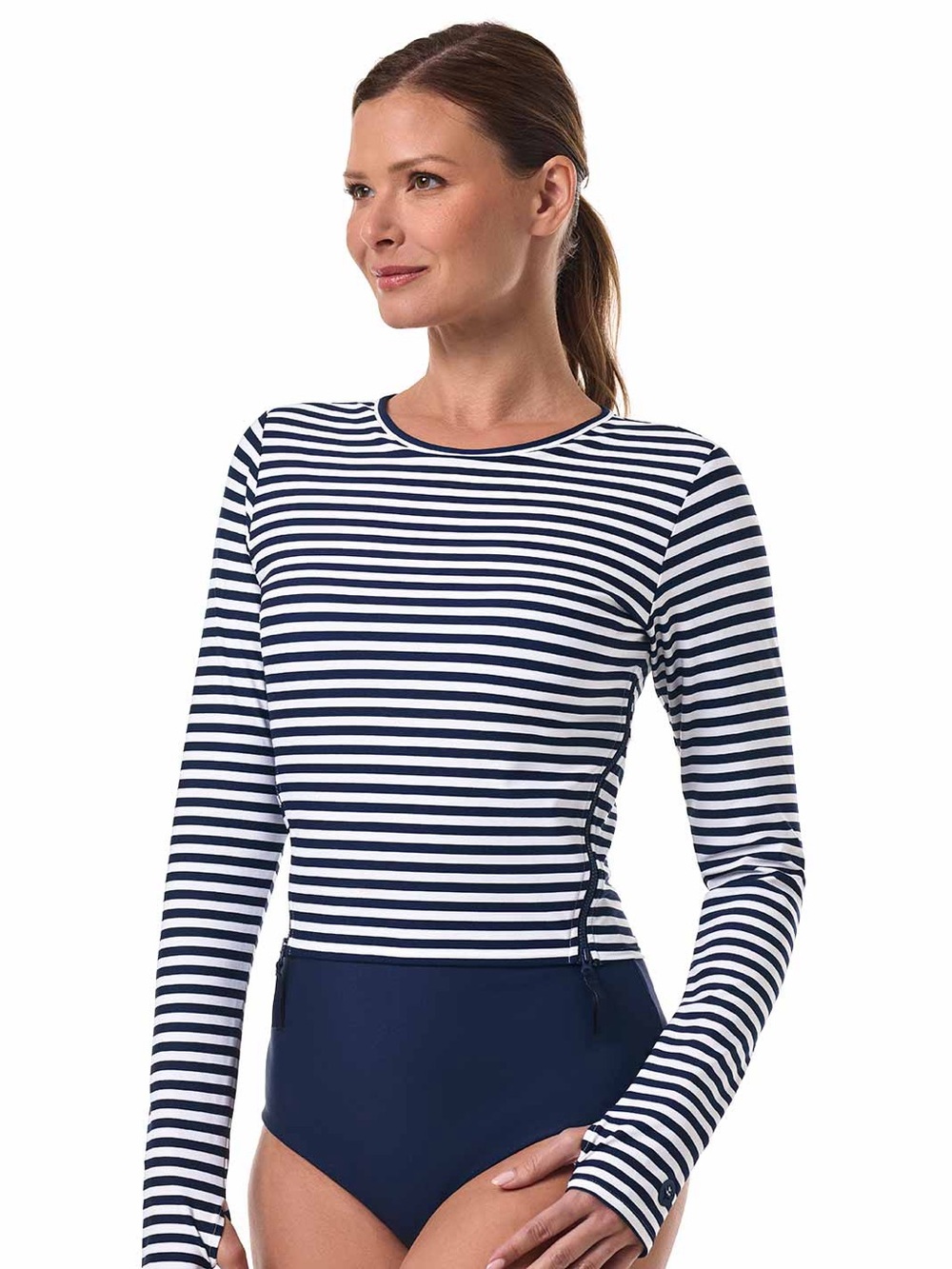 Coolibar Bayfront Rash Guard Top Striped UPF 50+ Active Built in Bra - Picture 3 of 10